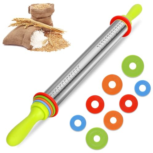 Mattarello in acciaio inox – 61 cm – Mattarello in acciaio inox con distanziatore per spessore impasto, mattarello con manico, rullo regolabile, accessorio per la cottura per pizza, pasta pasticceria