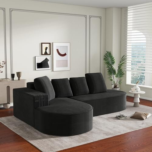 ZX Design Ecksofa mit Schlaffunktion, Couch L Form Couch mit Schlaffunktion Wohnlandschaft L-Form, Schlafsofa Modernes Schlafsofa mit Vier Kopfkissen Kompressionssofa Cord Sofa (Schwarz)