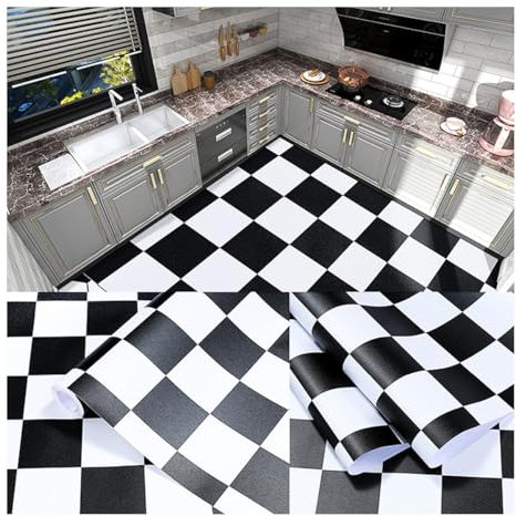 Peel and Stick PVC Vinyl Flooring Roll 60cm x 5 Meters Non Slip Floor Covering for Bathroom Kitchen Living Room Plaid Design in Black and White Easy to Install and Clean