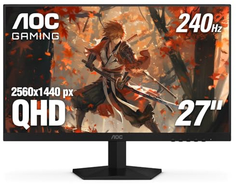 AOC Gaming Q27G41ZE Monitor da gioco QHD IPS 27 2560x1440 240Hz 0,3 ms, pronto per console di gioco, 3 lati, senza cornice, 1 HDMI 2.0, 1 porta di visualizzazione, punto luminoso zero di 3 anni