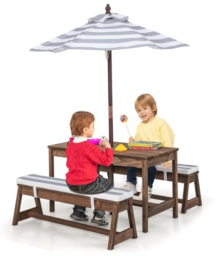 GYMAX Kids Picnic Table, Wooden Toddler Garden Table and Benches Set (Grey) | Removable Umbrella & Cushions, Indoor Outdoor Children Furniture Set for 3-8 Years Old Boys Girls