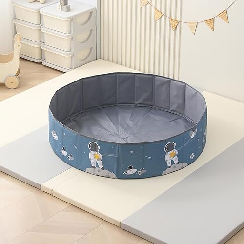 Kinder Bällebad, Faltbar, 100/120cm Durchmesser, 30cm Hoch, Oxford Gewebe, Mit 200 Bällen, Astronauten oder Einhorn Design, Mit Tragetasche (Blau, 120cm Durchmesser)