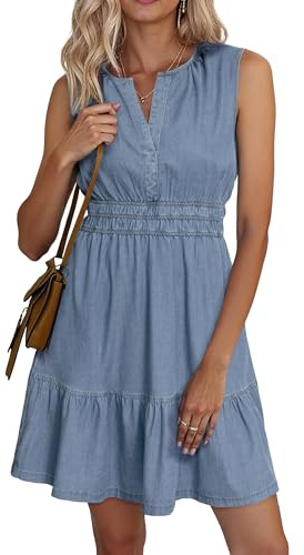 BerryGo Womens Denim Dress Sleeveless Summer Casual Jean Dress Tiered Cowgirl Country Mini Soft Light Chambray with Pockets (Light Blue M)