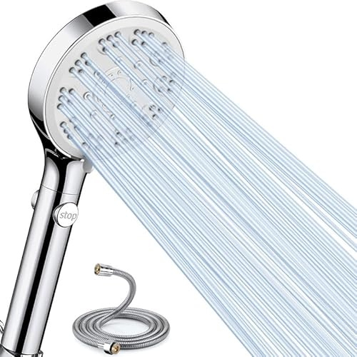 Duschkopf mit Schlauch 1,5m, Duschkopf Wassersparender, Sparduschkopf, 5 Strahlarten Wassersparender Handbrause Mit Stoppfunktion, Duschbrause mit Antikalk-Funktion, Chrom