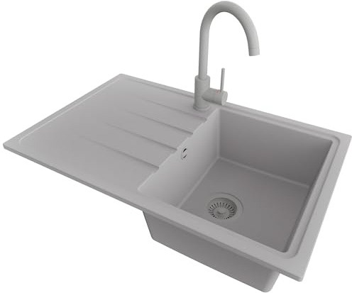 PRIMAGRAN Granitspüle ab 45er Unterschrank + Küchenarmatur, 78x50cm | Set: Küchenarmatur BW5010 + Ablauf-Set (Siphon, Ablaufgarnitur, Überlauf) + Spülbecken 1 Becken - Mailand, Alles Grau