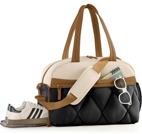 Lekespring Sporttasche Damen, 37L Reisetasche Damen mit Schuhfach Wasserabweisend Puffer Weekender Wickeltasche Handgepäck Gym Bag Kliniktasche Geburt Travel Bag für Flugzeug Reise (Beige mit Braun L)