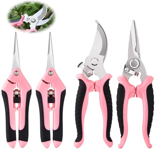 4 Stück Gartenschere, Edelstahl Blumenschere, Rosenschere, Professionelles Pflanzenschere, Ergonomischer Bypass Astschere, Feststellgriff Trimmschere für präzises Schneiden, für Rosen, Äste, Hecken