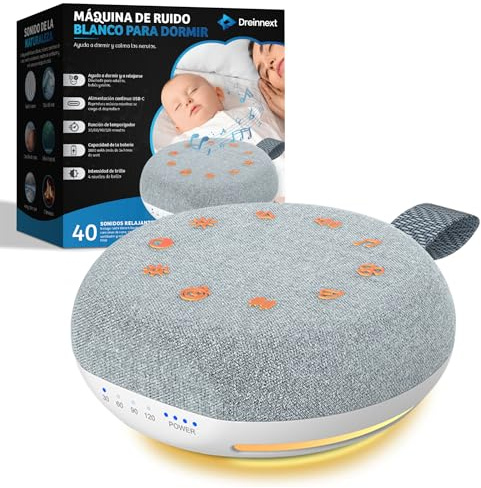 Dreinnext® Máquina de Ruido Blanco Bebé y Adulto | 40 Sonidos Relajantes, Luz Nocturna Suave, Temporizador y Volumen Ajustable | Regalo Bebé Recién Nacido Niño o 6 Meses | USB Recargable