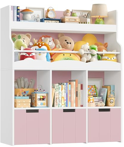 HOCSOK 110cm Kinderregal mit Bücherregal, Regal Kinderzimmer mit Rollen | Kinderzimmer Möbel mit 4 Ablagefächern, Spielzeugregal Kinderzimmer für Schlafzimmer Kindergarten