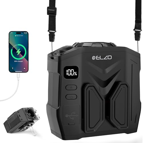 ELZO 10000mAh Tragbarer Clip Ventilator Gürtel, 5 Geschwindigkeiten, Halsventilator Akkubetrieb, Taschenlampe, bis zu 41 Stunden Kühlleistung für Outdoor-Aktivitäten wie Camping und Reisen (Schwarz)