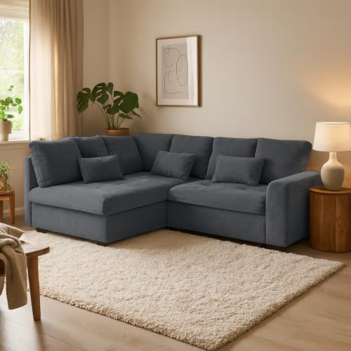 BEAUTY SOFA Ecksofa RAMO mit Schlaffunktion 160x200 cm im Set mit Topper, Anthrazit (Velo 636), Links