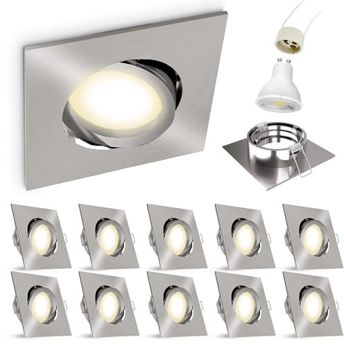 linovum 10er Set LED Einbaustrahler GU10 eckig & schwenkbar - Einbauleuchte Edelstahl Optik inkl. LED GU10 3W neutralweiß