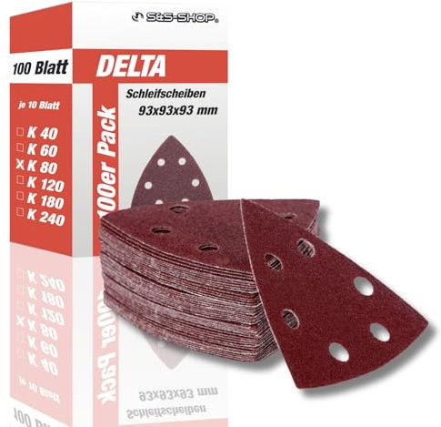 Delta-Schleifdreiecke mit Klett, Korn 80, 100 Stück, 93 x 93 x 93 mm, 6 Löcher, für Deltaschleifer & Multischleifer, Schleifpapier, Staubabsaugung