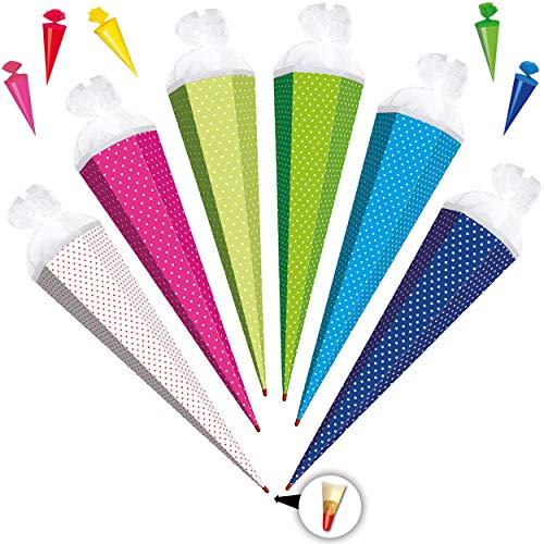 alles-meine.de GmbH Set Schultüte + 5 kleine Zuckertüten - blau/türkis/kräftiges hellblau - Punkte weiß - 70 cm - Filzabschluß - Rohling - Zuckertüte - Bastelschultüte ..