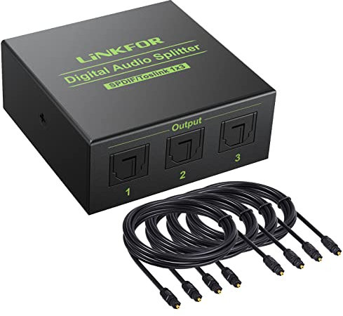 LiNKFOR Toslink Splitter 1x3 Optischer Splitter Digitaler Audio Splitter mit 3 Anschlüssen SPDIF Aluminiumlegierung unterstützung LPCM 2.0 DTS Dolby-AC3 mit 4X 6,5ft Optischen Kabel