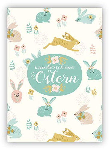 Entzückende Osterkarte mit Blumen Osterhasen auf Wiese: wunderschöne Ostern - zum Osterfest • fröhliches Premium Klappkarte mit Ostermotive inkl Umschlag Kollegen