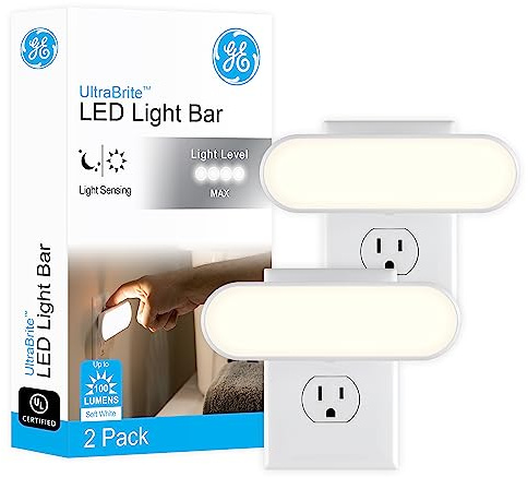 GE Ultrabrite Plug in LED Night Light Bar with On/Off/Auto Switch, 100 Lumen Soft White Lighting for Hallways and Bedrooms, 2-Pack, 46707-P1