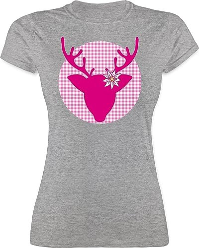Shirt Damen - Kompatibel mit Oktoberfest - Hirsch Edelweiß - XXL - Grau meliert - t-Shirt Tracht trachtenshirt bayrische REH Tshirt trachtentshirts Trachten t Shirts bayrisch wasen Oberteil