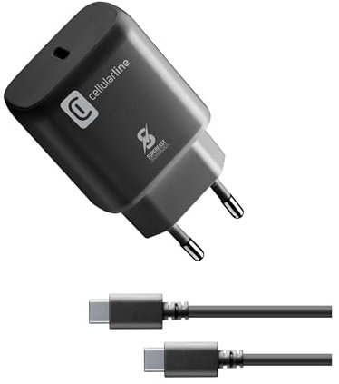 Cellularline - Super Fast Charger Kit 25W - Caricabatterie da Rete per Dispositivi Samsung Compatibili con Carica Super Fast Charge Power Delivery 25W - Cavo USB-C to USB-C da 100cm incluso - Nero