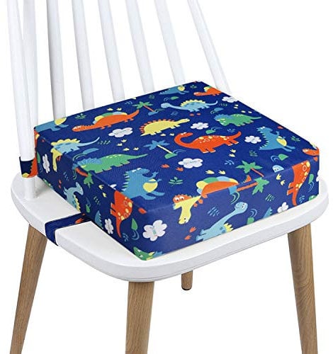 Rialzo Sedia Bambini Cuscino da Tavolo, Alzasedia Canvas Lavabile da Cartone Animato con 2 Cinghie di Sicurezza a Fibbia Bambini Cuscino da Viaggio Portatile (dinosauro blu)