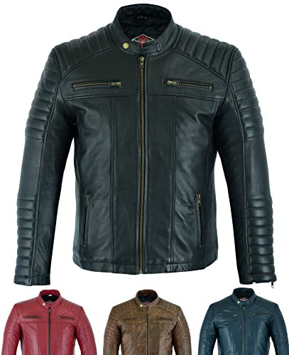 Texpeed Mens Casual Leather Jacket - Real Genuine Soft Touch Sheepskin Biker Motorcycle Style Leather Coat All Black - XL