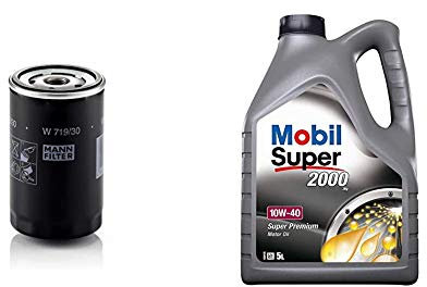 Original MANN-FILTER Ölfilter W 719/30 - Für PKW und Nutzfahrzeuge + Mobil Motorenöl Super 2000 X1 10W-40, 5L