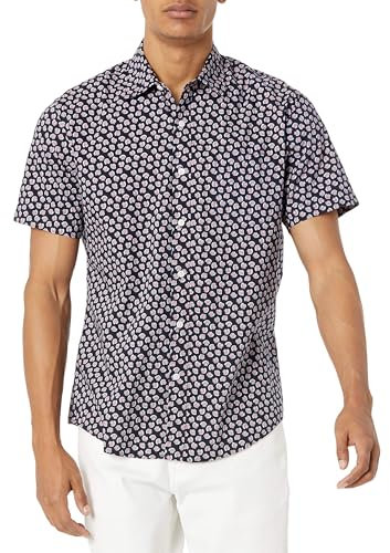 Amazon Essentials Men's Regular-Fit Short-Sleeve Print Shirt, Navy/Pink Seashells, XL