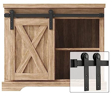 FREDBECK Mini-Schiebetür-Hardware-Kit für kleine Schränke, Scheunentür, Einzeltür, schwarze Rollenschienen, Schrank, Aufbewahrungsschrank (ohne Schrank)