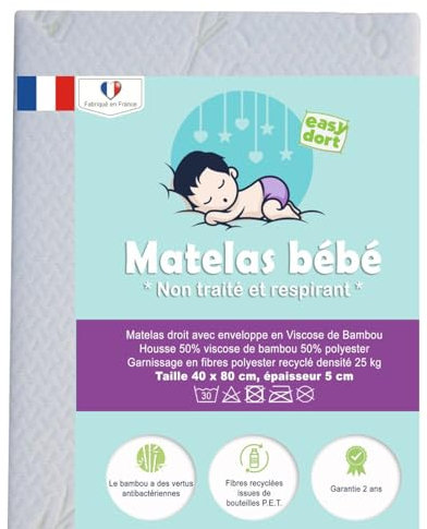 Easy Dort - Matelas couffin bébé 40 x 80 cm - Berceau, nacelle ou lit bébé - Housse en Bambou | Été & Hiver | Double Face | Très Confortable | Fabrication Française 40x80 cm | Blanc