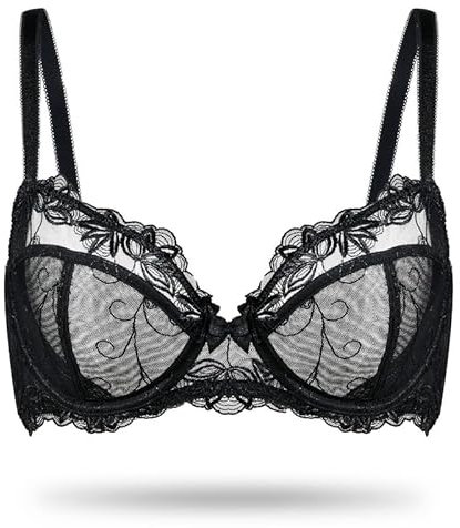 Deyllo Reggiseno Sexy da Donna in Pizzo di Grandi Dimensioni con Ferretto Reggiseno Ricamato Sfoderato Trasparente Non Imbottito Reggiseno per Grandi Seni 75-100 C-H Nero 4D