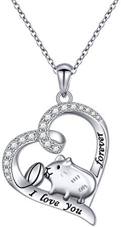 DAOCHONG 925 Sterling Silber Süßes Tier Meerschweinchen Haustier Hamster in Herz Anhänger Halskette Frauen Schmuck Geschenk für Sie, Freundin, Frau - 18 Zoll