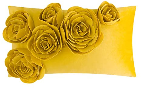 JWH 3D-Blumen-Überwurf-Kissenbezug, dekorativ, handgefertigt, weicher Samt, Lendenkissen für Bett, Wohnzimmer, Stuhl, Couch, Dekor, 35,6 x 61 cm, Goldgelb