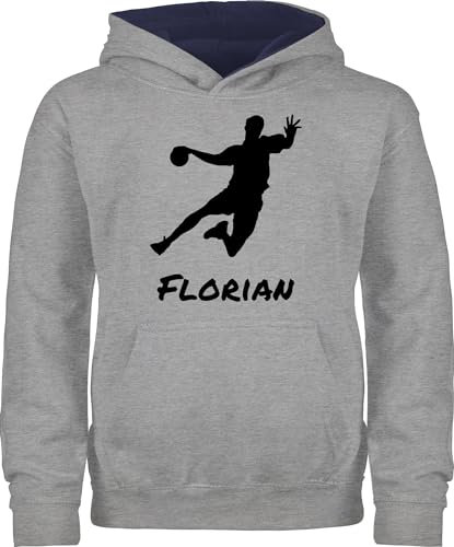 Pullover Kinder Hoodie Jungen Mädchen - Geschenke Handball - Handballer Silhouette mit Name - 152 (12/13 Jahre) - Grau meliert/Navy Blau - zubehör personalisiertes Pulli Baumwolle Junge Jungs