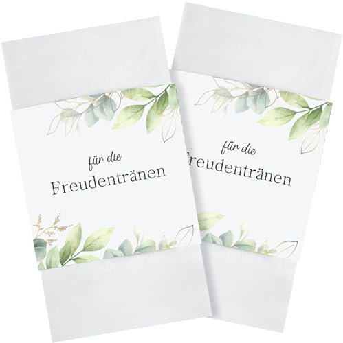 Tenare 100 Stück Eukalyptus Freudentränen Banderolen Set für Hochzeit - Mit Verschluss Klebepunkten, Taschentuchhalter Boho Taschentücher