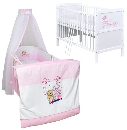 Baby Delux Babybett Komplett Set Kinderbett umbaubar zum Juniorbett weiß 140x70 Princess Bettwäsche mehrteilig (Schaukelfreunde)