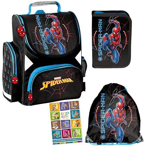 Schulranzen Set ergonomischer Ranzen Spiderman Marvel Federmappe Turnbeutel Aufgabenheft für die Grundschule 4er Set. Geeignet ab der ersten Klasse der Grundschule.
