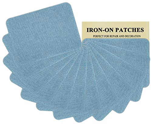 J.CARP Denim Iron-on Jean Patches Repair Patches for Jeans Inside & Outside 100% Cotton with Strong Glue, Blue Repair Decorating Kit 12 Pieces Size 3 by 4-1/4 (7.5 cm x 10.5 cm) Light Blue