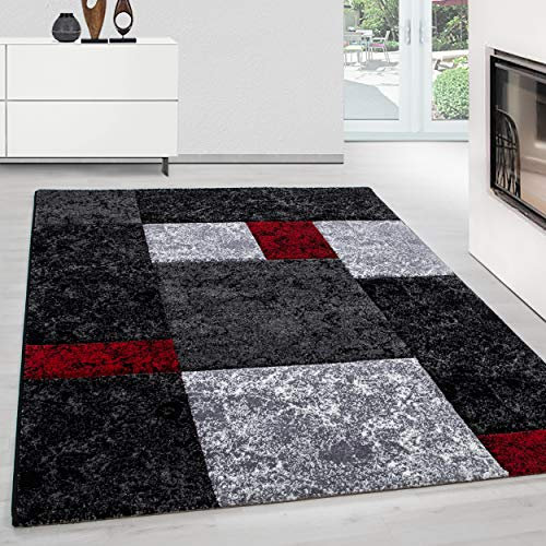 Teppium Moderner Kurzflor Teppich Wohnzimmer 300x400 (280 x 370 cm) Rot - Konturenschnitt Teppich Waschbar, Kariertes, Pflegeleicht, Weich - Ideal für Schlafzimmer, Esszimer und als Küchenteppich