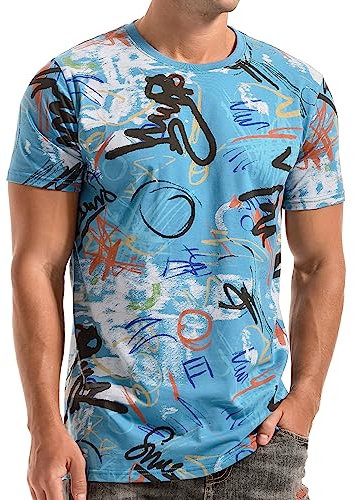 RONOMO Herren T-Shirt | 95% Baumwolle 5% | Street Graffiti | mittlere Elastizität | Vorwäscheschutz | Stacking |(TY Blue S )