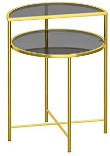 Akzenttisch, kompakt, mehrfarbig, Beistelltische, Couchtisch aus gehärtetem Glas mit Eisenrahmen und Halbkreis und runder Tischplatte aus gehärtetem Glas, Gold-B, 49 x 45 x 58 cm, hergestellt in China