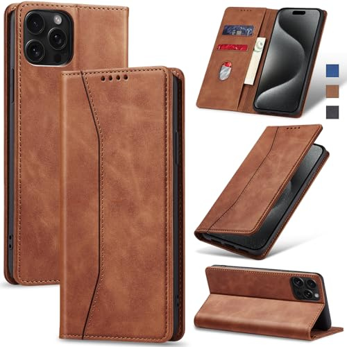 Jasonyu Handyhülle für iPhone 15 Pro Max, PU Leder Flip Klapphülle, Braun | Magnetische Schutzhülle, Ständer, Kartenfächern, Klappbar, Stoßfeste TPU Stoßsicher Hülle