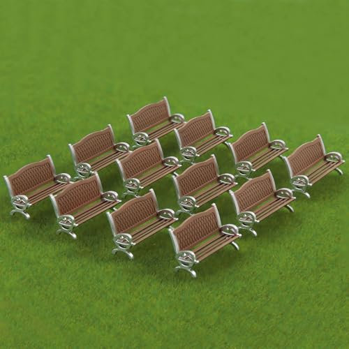 Evemodel 12Stk. Modellbänken im Maßstab 1:87 für Spur H0 Eisenbahn Freizeit Stuhl Bonsai Dekor (C Braun mit Silber)