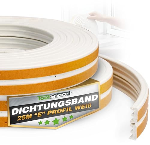 ToolSpace Türdichtung Selbstklebend Dichtungsband Dichtungsgummi Door Sealing Strip E Profil Weiß Gummidichtung für Fenster & Türen 25M Fensterdichtung Anti-Kollision Gummi Schaum Schaumstoffband