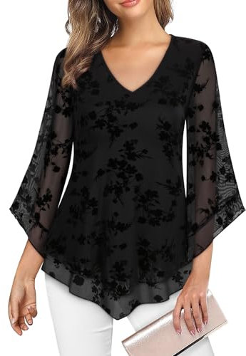 Gemulate Women Tops 3/4 Ruffle Sleeve Tunic Tops Double Layers V Neck Chiffon Tops Floral Blouses Flowy Mesh Shirts Evening Tops for Women uk - Black Jacquard Weave, XX-Large