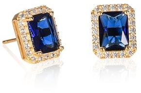 Diamond Treats Boucles d'Oreilles Bleu Saphir en Argent Sterling 925 Plaqué Or en Taille Emeraude, Boucles d'Oreilles Femme Or Jaune Serties de Pierres Bleues, Boucles d'Oreilles Saphir Simulé
