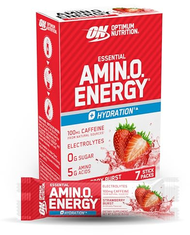 Optimum Nutrition Essential Amino Energy Plus Electrolytes Stick Packs, Energy Powder, Strawberry Burst, 7 Count