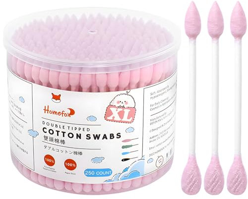 HOMEFOX Pink Cotton Swabs Flattened Pointed - 250 Count Organic XL Cotton Bud Double Side Tight Firm Wounded Precision Extra Large Cotton Tips Applicator Blender Paper Stick, Flatten & Pointy (Pink)