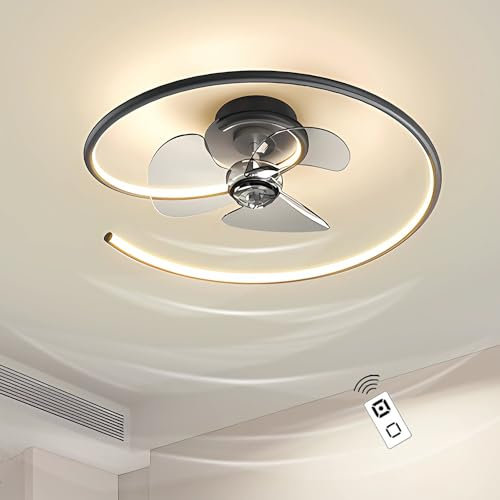 J.SUNUN Deckenventilator mit Beleuchtung und Fernbedienung leise Ventilator mit Licht Schwarz Modern LED Dimmbar Deckenleuchte mit Ventilator für Wohnzimmer Schlafzimme Esszimmer Küche Φ50CM 35W