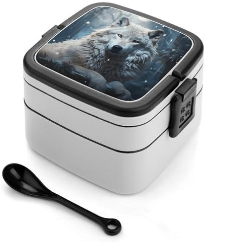 NTVOWPZO Wolf Sitting in The Snow Bento Box Doppellagige Lunchbox für Erwachsene mit Löffel und Griff Bento-Boxen Auslaufsicher Einteilige stapelbare Lunchbox für Arbeit Picknick und Reisen