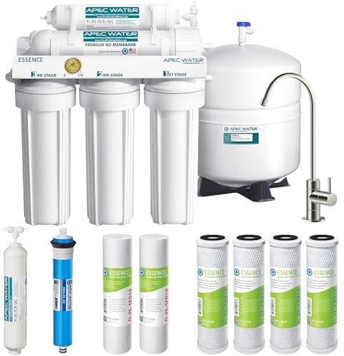 APEC Water Systems ROES-50 Essence Series Sistema de filtro de agua potable de ósmosis inversa de 5 etapas, certificado WQA, ultra seguro, con prefiltro de muy alta capacidad, paso 1 a 3